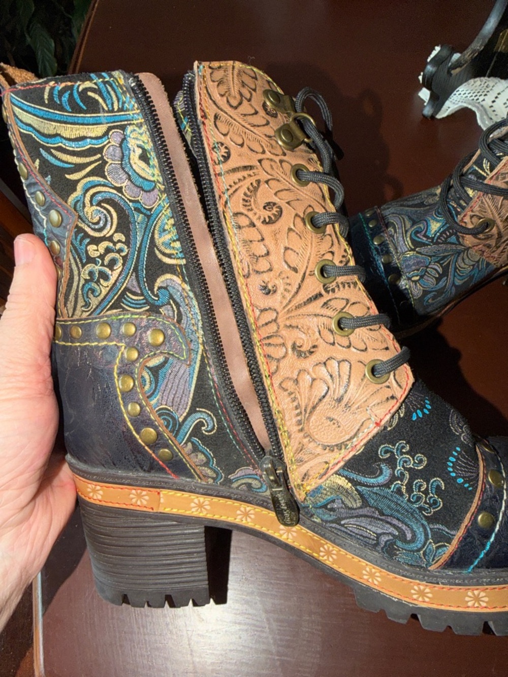 Spring Step Multi-Color Lace-Up Floral Embossed Leather Boots - Picture 6 of 15